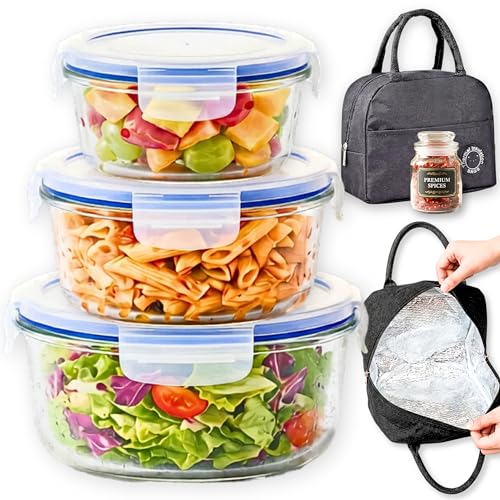 Image of ALTITUDE Borosilicate Round Glass Food Container Set with Airtight Locking Lids, 900ml 600ml 375ml, Insulated Tiffin Bag & 120ml Glass Jar, Microwave Oven Freezer Safe
