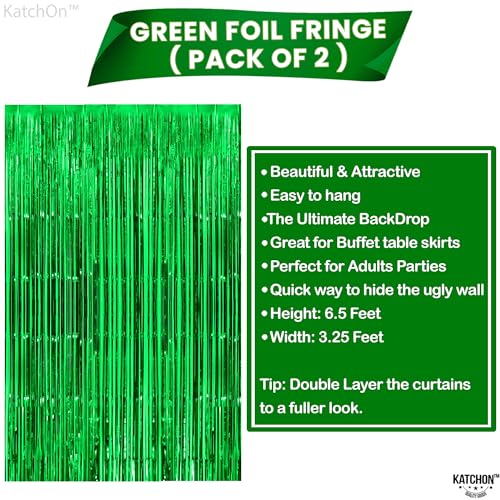 Image of KatchOn, Green Streamers Foil Fringe Curtains - 3.2x6.5 Ft, Pack of 2 | Green Backdrop for Dinosaur Birthday Decorations | Tinsel Backdrop for Safari Birthday Decoration, Jungle Party Decorations