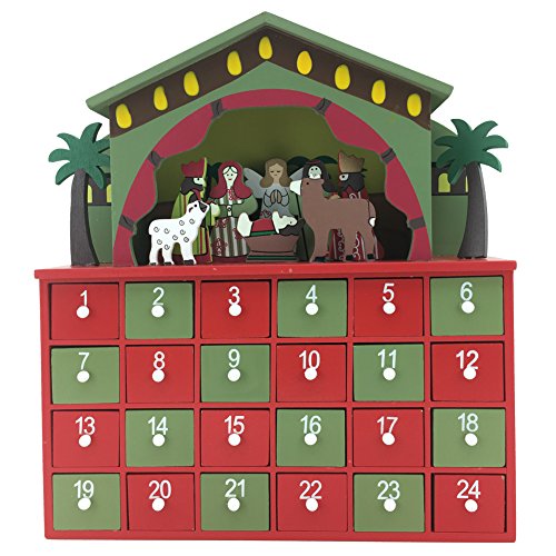 PIONEER-EFFORT Christmas Wooden Advent Calendar House with 24 Drawers and Nativity Scene Count Down to Christmas Decoration Fill Small Gifts for Kids (9.4''x2.3''x11.4''H, Colorful)