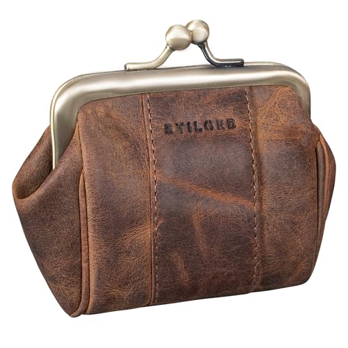 STILORD 'Dolly' Echt-Leder Geldbörse Damen Retro Klein Elegant - Vintage Spangenportemonnaie Leder Münzbörse für Frauen - Kiss-Lock Münzbeutel mit clic-clac Verschluss, Farbe:mittel - braun