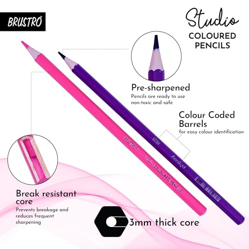 Image of BRUSTRO Studio Colour Pencil Set 24 in a Metal Tube | Break Resistant 3mm Lead,Easy to Blend,High Pigmented,Vibrant Colours,Non-Toxic,Pre-Sharpened | Sketching, Drawing, Portrait,students,kids