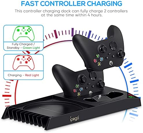 Vertical Cooling Stand Compatible with Xbox Series X Console - Dual Controller Charging Dock Station with 2 x 1400mAh Batteries & Game Rack Storage Organizer and Gaming headphones holder for Series X