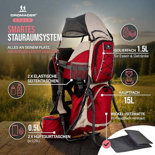 Dromader Kraxe Kindertrage bis 22kg - Baby Rückentrage Wandern mit Sonnendach Regenschutz - Babytrage Outdoor Trekking mit Thermotasche Wickelmatte - Einhändig klappbarer Aluminiumrahmen – Rot