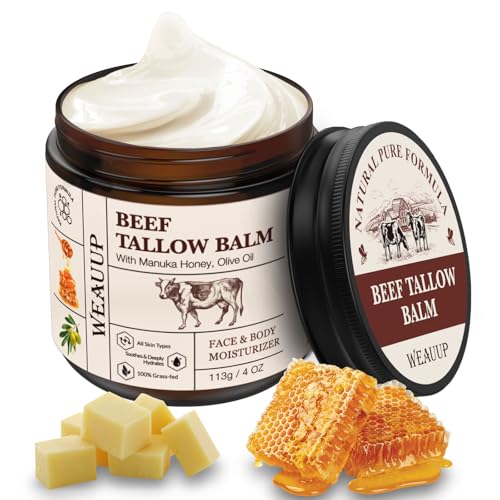 Beef Tallow for Skin, Organic Grass Fed Whipped Beef Tallow Balm, Tallow and Honey Balm with Raw Honey and Beeswax, Nourishing Moisturizer for Face & Body Natural Skin Care for Soft
