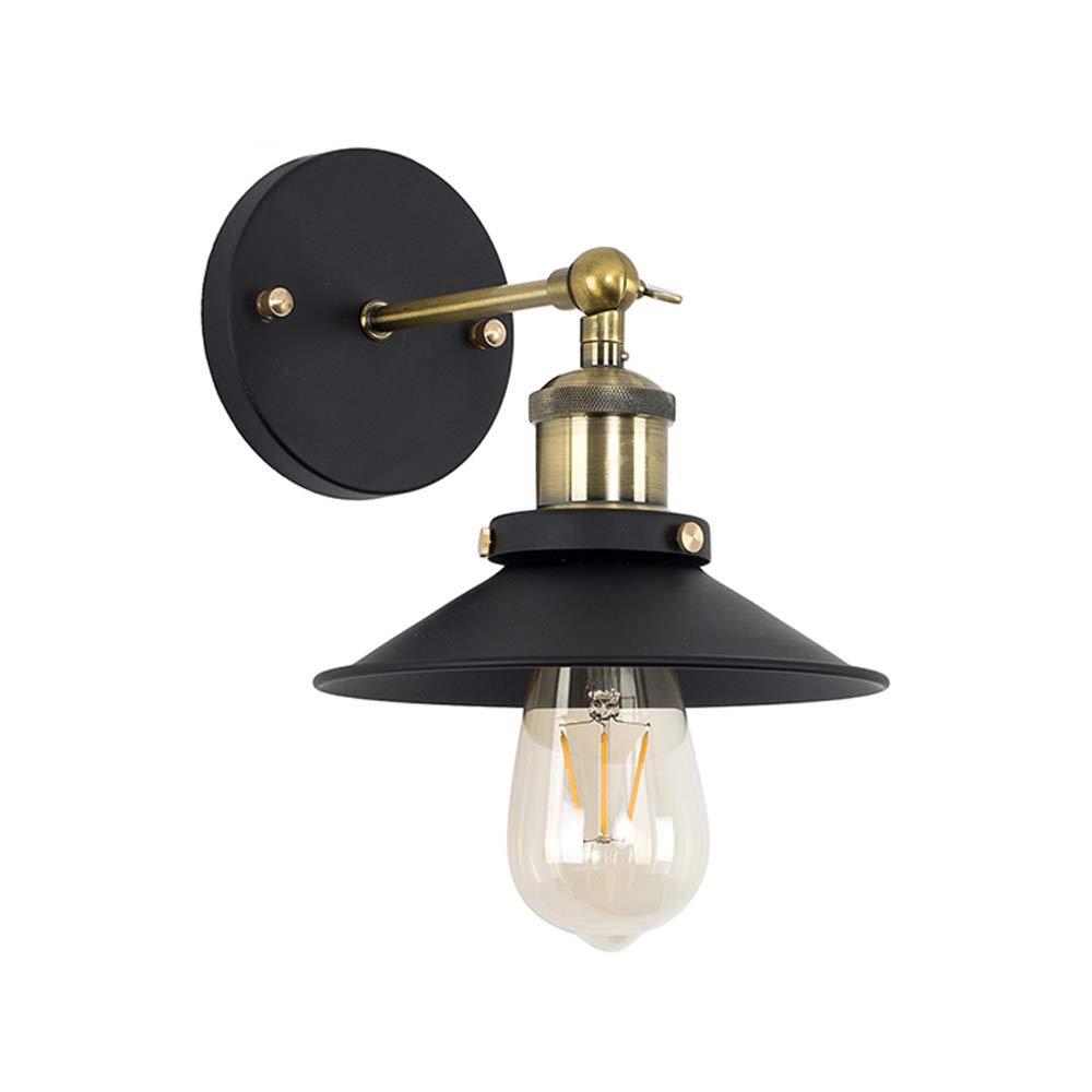 MiniSun | Industrial Steampunk Style Black and Antique Brass Single Wall Lights with Tapered Shades | Wall Lamps, Home Décor Essential | Set of 2 | Includes Bulb [2700K Warm White] | Mains Wired