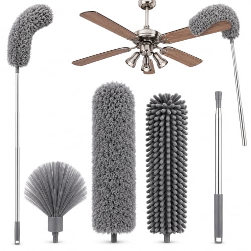 Image of Dishmatic 3 in 1 Long Handle Microfiber Feather Ceiling Duster with Extendable Pole 30-100 Inch with Anti Scratch Bendable Head for Cleaning High Cobweb Stick High Ceiling Fan
