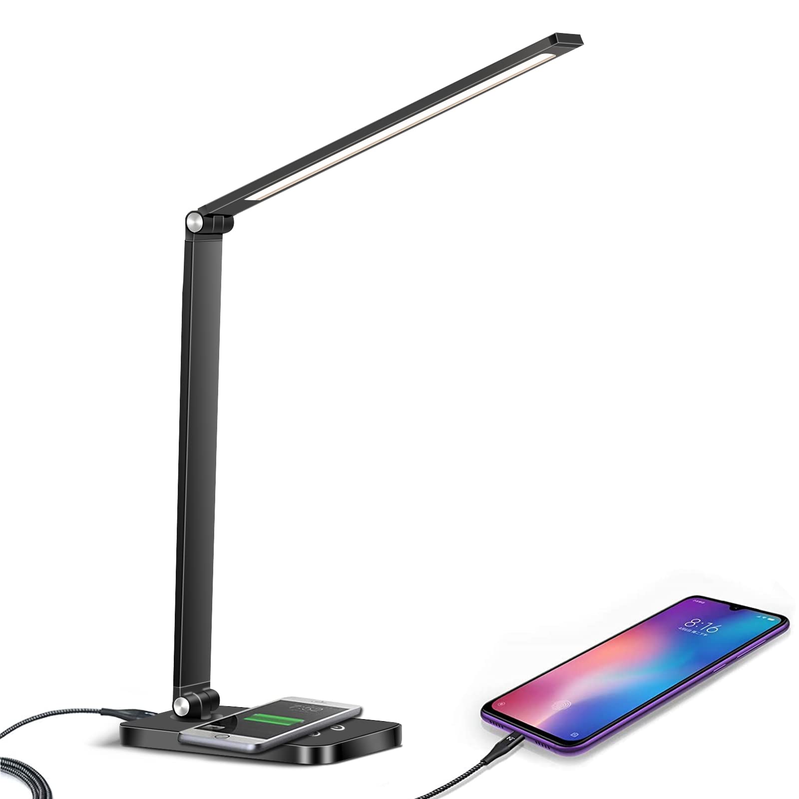 Lampka biurkowa z regulacją jasności LED, lampka z funkcją ładowania, USB, sterowanie dotykowe, lampka z timerem, ściemniana 5 kolorów i 10 poziomów jasności, z funkcją oszczędzania energii (czarna)
