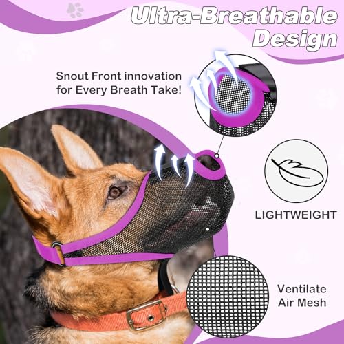 Image of Dog Muzzle with Front Opening for Training and Treats, Breathable Air Mesh Muzzle for Biting Chewing Scavenging, Soft Lightweight Adjustable Mouth Guard for Small Medium Large Dogs(Purple,XL)