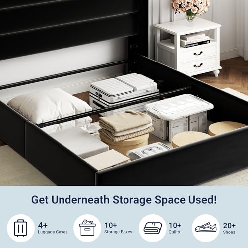 Image of Allewie Full Size Velvet Lift Up Storage Bed, Modern Wingback Headboard, Hydraulic Support, No Box Spring Needed, Black