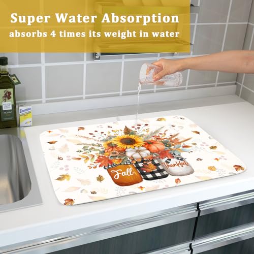 Giwawa PUMPKIN VASE DISH DRYING MAT Autumn Pumpkin Dish Drying Mat 18X24 Inch Sunflower Flower Vase Washable Draining Mat thumb #6