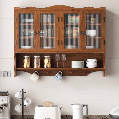 KEIKI 39.37 L Wall Mounted Kitchen Sideboard Cabinet with 4 Glass Door 5 Hook Rack 4 Layers Shelves Retro Storage Buffet Medicine Cabinet for Bathroom Dining Rooms Entryway Solid Wood Walnut