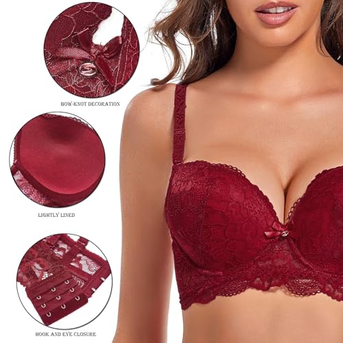 SHEKINI Women's Lace Bra Set 2 Pack Push Up Underwire Bras Demi Cup Support Everyday Bralette Underwear 3 Hooks Brassiere, 75C - Image 3