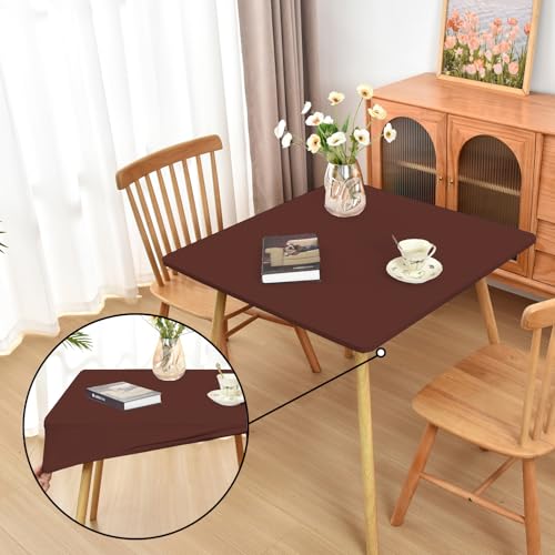 Amonsa Mantel ajustable marrón con elástico para mesas plegables cuadradas de 96,5 x 96,5 cm, lavable, elástico, elastano, tarjetas, mantel de tela, no vinilo