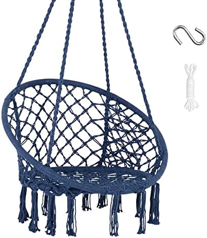 SUNCREAT Hammock Chair Macrame Swing, Max 330 Lbs, Hanging Cotton Rope Hammock Swing Chair for Indoor and Outdoor Use, Blue