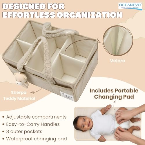 Image of OCEANEVO Fur Diaper Caddy Organizer Bag | WITH Diaper Changing Mat, Bag Charm and Luggage Tag | New Born Baby Essentials | For Mothers for Travel - 38 x 25 x 18 cm - Beige - 1 Year Warranty