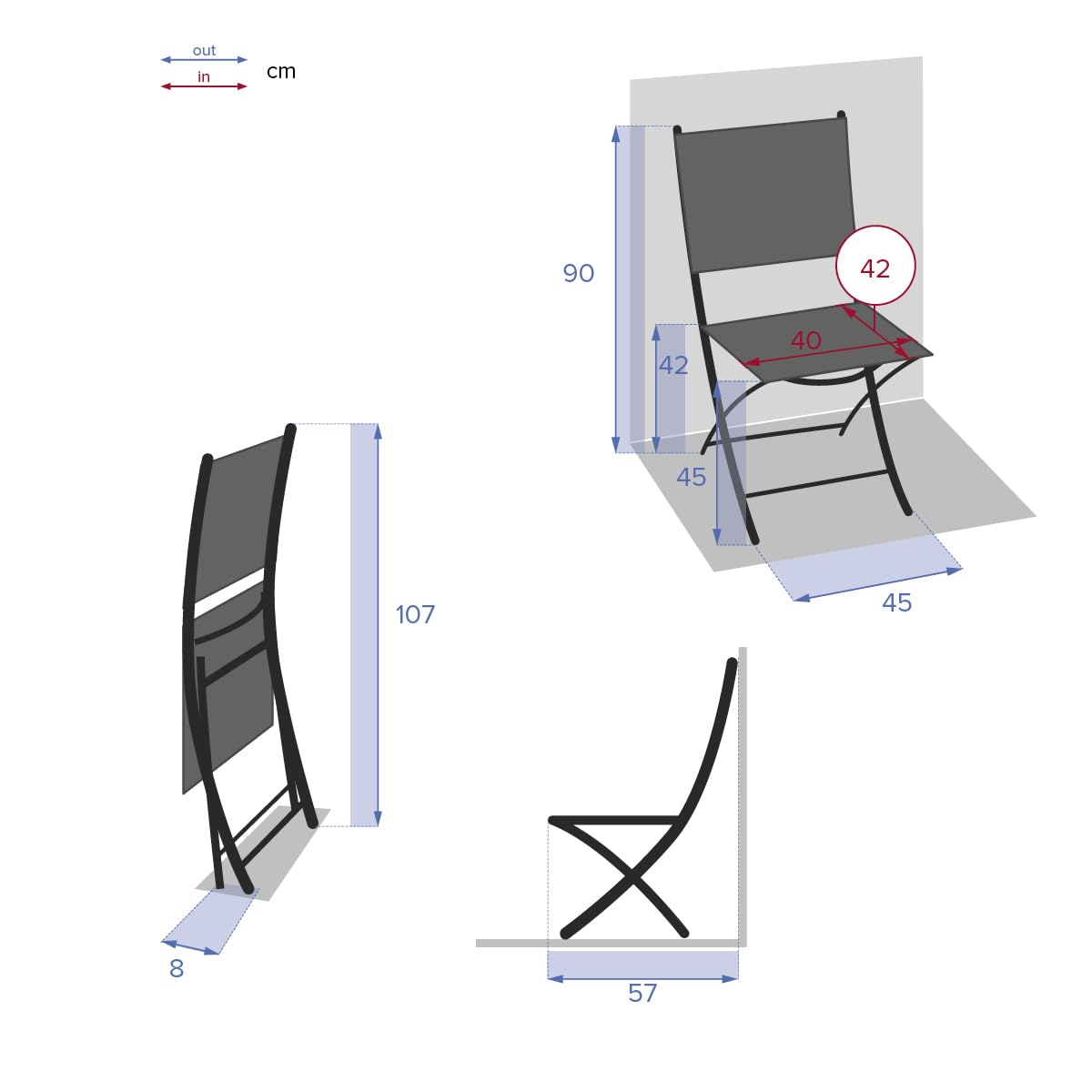Hespéride - Lot de 4 Chaises de Jardin Pliantes Essentia Anthracite - Aluminium Texaline - Dim 45 x 57 x 90 cm - Meuble d'Extérieur Pliable