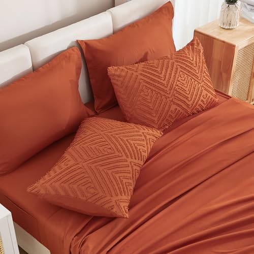 Image of Andency Super King Plus Comforter Set Burnt Orange - 7 Pieces Bed in a Bag Oversized King Bedding Sets, Boho Tufted Terracotta Bedding Sets, Rust Bed Set with Comforter, Sheets, Pillowcases & Shams