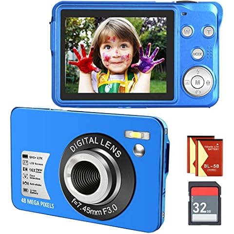 SINEXE Digital Camera Children's Camera 48MP 2.7K with 16X Digital Zoom Compact Camera with 32GB SD Card and 2 Batteries (Blue) Cover