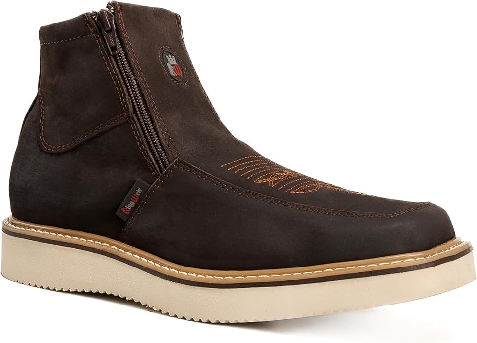 King Welt Country Flex Genuine Leather Dual Zipper Work Short Boot Soft Toe Pin Stripe Wedge Sole - Brown