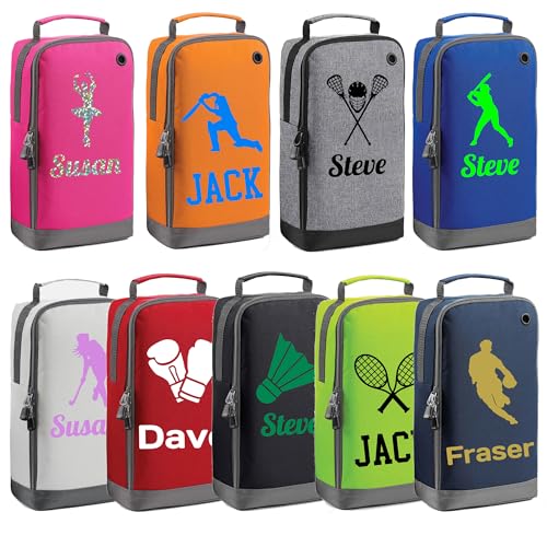 Personalised Boot Bag Custom Name Sports Shoe Bag Water-Resistant & Easy Clean Colourful Design for Kids School PE Football Rugby Dance Badminton Golf Ideal for Boys & Girls (Black)