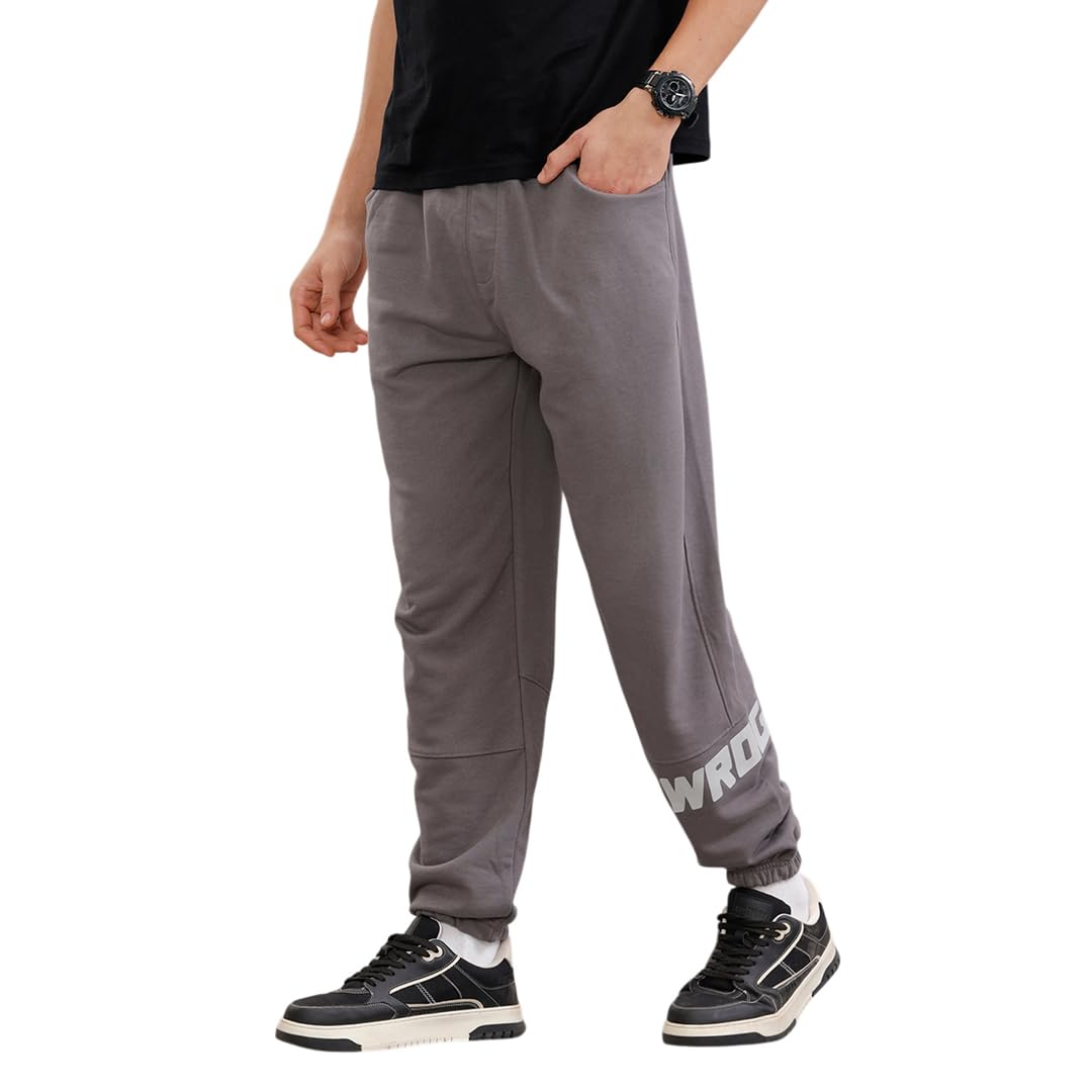 WROGN Men's Cotton Blend Fleece Joggers | HD Logo Print & Cut & Sew Panel | Slim Fit in neutral