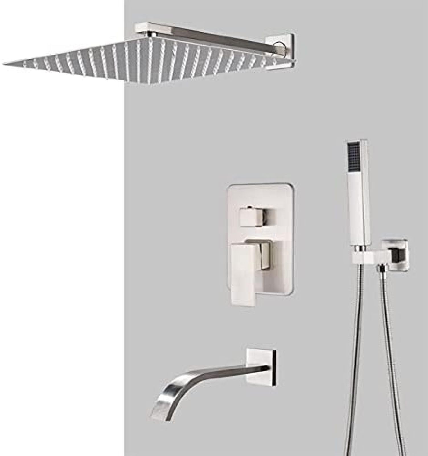 System Natryskowy Rain Shower Ścienny Z Niklowanym Wykończeniem, Bateria Wannowa 3-funkcyjnym Zestawem Natryskowym (konfiguracje 10"/16")(12 inch 3)