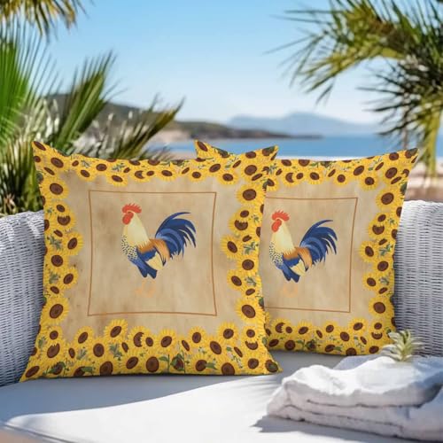 PIEPLE Rustic Rooster Waterproof Outdoor Throw Pillow Covers 18''x18'' Pack 2, Yellow Sunflowers Farmhouse Plants Retro Brown Pillow Cases Throw Cushion Cover, Washable Pillowcase for Poolside Sofa