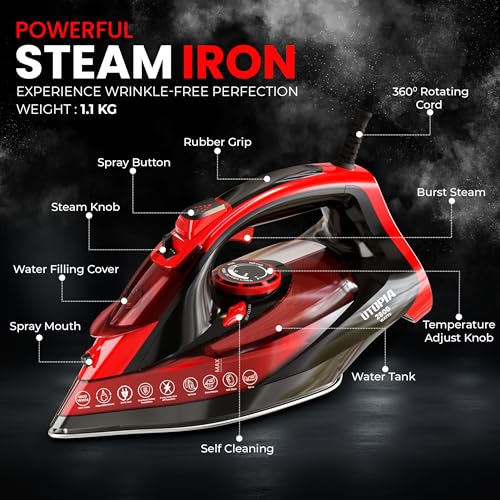 Utopia Home Steam Iron for Clothes - Non-Stick Soleplate - 2600W Clothes Iron With Auto-Off Safety Feature - Adjustable Thermostat Control, Variable Steam Control, Self-Clean, 8 Feet Cord (Black/Red) - Image 3