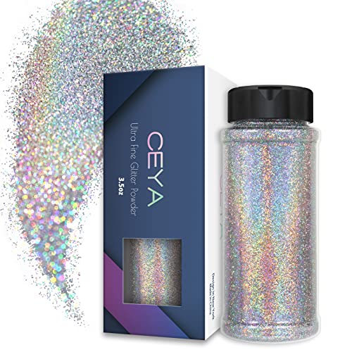 Ceya 3.5oz/ 100g Ultra Fine Glitter Powder Laser Silver Holographic Glitter 1/128” 0.008” 0.2mm for Slime Epoxy Resin Craft Tumbler Jewelry Nail Art Festival Makeup Scrapbook Painting Wedding Cards