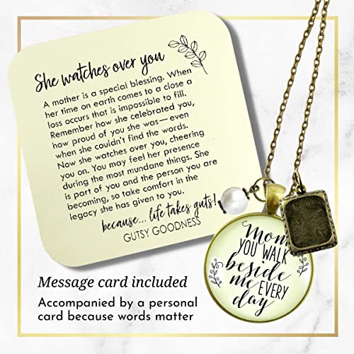 Mom Memorial Necklace You Walk Beside Me Jewelry Sympathy Keepsake Womens Chain 24" - Bronze Mother Remembrance Pendant, Photo Picture Frame Charm, Bereavement Gift Box With Condolence Message Card #TOP1