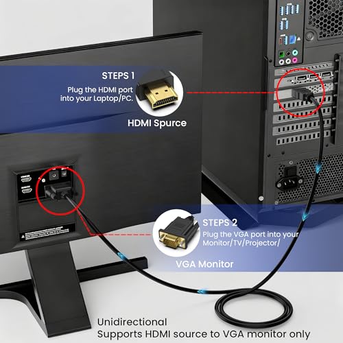 Image of Wanme HDMI to VGA Cable, 1080P@60Hz Uni-Directional HDMI Source to VGA Display Cable (Male to Male) Compatible for Computer, Desktop, Laptop, PC, Monitor, Projector, HDTV, Roku, Xbox, PS5 (3.3FT)