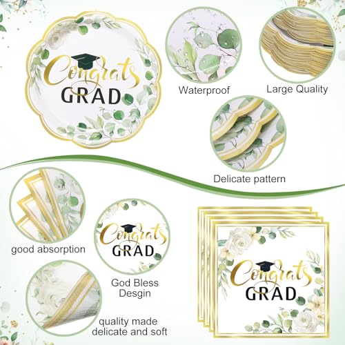 Image of Funnymoom 452 Pcs Class of 2026 Sage Green Graduation Decoration Party Supply for 50, Green Gold Eucalyptus Congrats Grad Paper Plates Napkins Cup Tablecloth Cutlery for Freshly Graduated Decoration