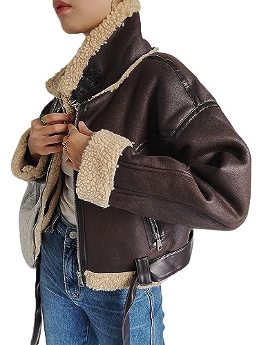 Winter Women Faux Lamb Sherpa Aviator Bomber Jacket Vintage Cropped Coat2