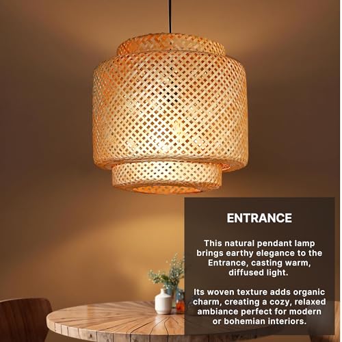 Image of Habere India-All the Cultures Fabricating India Bamboo Lampshade | Pendant Lamps | Boho Lamp Shade | Cane Lampshades | Rattan Lamp Shade | Wicker Lampshade (Diameter 40 CM, Height 37 CM)