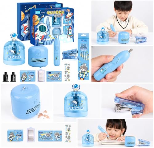 Image of Magicwand Battery Operated Pencil Sharpener,Electric Eraser,Vacuum Cleaner Stationery Set with 10 Eraser Refills for Kids,Adults for Home Office School【Sky Blue】