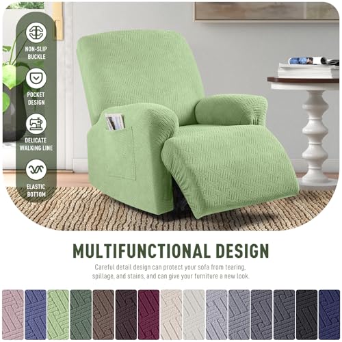 Image of KinCam Recliner Covers, Stretch Reclining Chair Covers, Recliner Sofa Slipcovers Stripe Jacquard Recliner Couch Covers Furniture Protector Covers for Pet Kid (1 Seater, Light Green)