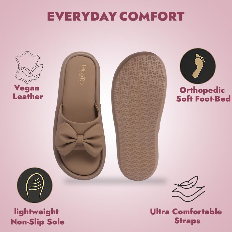 Image of FAUSTO Women Open Toe Bow Design Slip On Sliders | Extra Comfort Cushioned Insole Slippers | Classic Flat Sandals for All Day Long