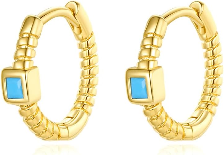 14K Gold Turquoise Hoop Earrings, Solitaire Small Rectangular Gemstone Huggie Hoop Earrings, December Birthstone Jewelry