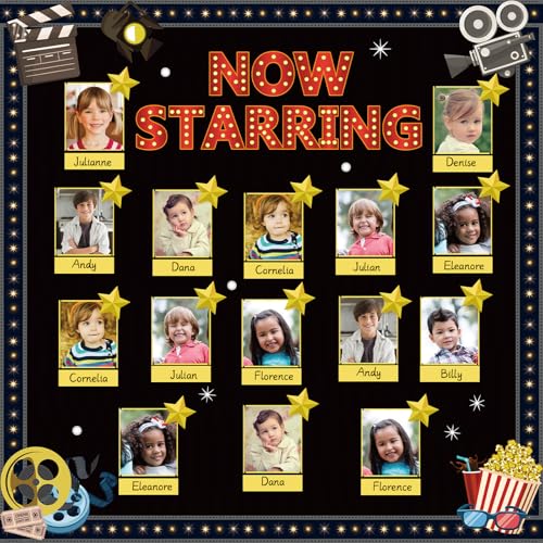 Movie Star Bulletin Board Set Now Starring Bulletin Board for Classroom Decor DIY Photo Crafts Camera Lights Learn Clapperboard Film Tickets Cutouts Accents for School Chalkboard Wall Supplies