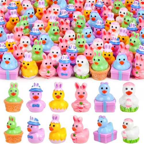 120 Pcs Easter Mini Ducks 6 Styles Miniature Resin Duck Figures to Hide Bulk Bunny Ear Egg Carrot Basket Eggshell Ducks for Easter Party Favors Home Tabletop Fairy Garden Landscape Potted Decor