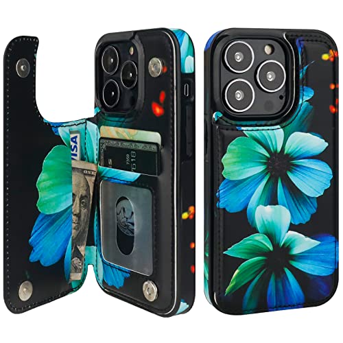 Image of HAOPINSH for iPhone 13 Pro Case Wallet with Card Holder, Blue Florals Pattern Back Flip Folio PU Leather Kickstand Card Slots Case for Women Girls, Double Magnetic Clasp Shockproof Cover 6.1 inch