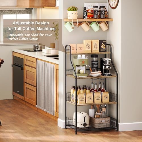 حامل ميكروويف، حامل طاولة ميكروويف من 4 طبقات مع تخزين، رف معدني للخبازين طاولة بار قهوة مع 5 خطافات، رف تخزين للمطبخ قابل للتعديل للتوابل والأواني والفواكه (بني ريفي، 60x40x106 سم)