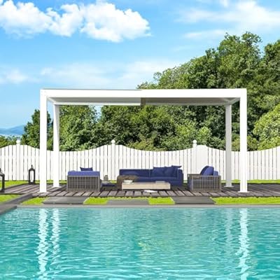 Domi Outdoor Louvered Pergola 10x16FT with Adjustable Steel Roof, Outdoor Aluminum Structure Rainproof Pergola for Backyard, Garden and Lawn,White