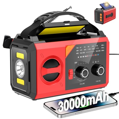 30000mAh Hand Crank Emergency Radio – Solar Portable Weather Radio AM FM NOAA with 3 Mode Flashlight & Reading Lamp, Headphone Jack, Cell Phone Charger, SOS for Emergency, Red