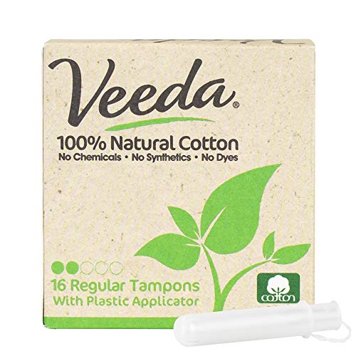Veeda 100% Natural Cotton Compact BPA-Free Applicator Tampons Chlorine, Toxin and Pesticide Free, Regular, 16 Count