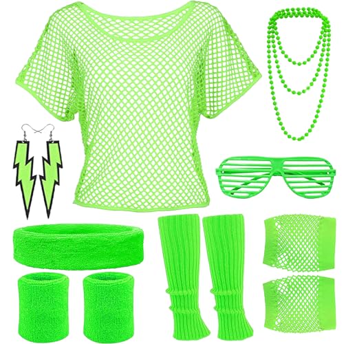 DGUSO Disfarce dos anos 80 para mulher 12 peças disfarce de anos 80 acessórios para mulher, acessórios para festa de néon, t-shirt de verde para mulher dos anos 80 para festa de aniversário
