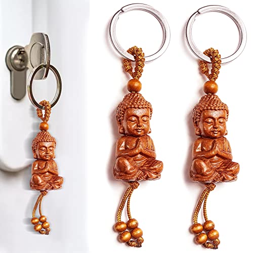 behone 2 Pièce Porte-Clés Bouddha en Bois Bouddhisme Keychain Mini Bouddha Porte Bonheur Convient pour Le Cadeau Porte-Bonheur Pendentif Voiture Bricolage