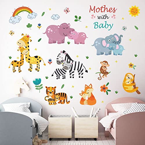 Supzone Jungle Animal Wall Decals Cartoon Animal Mother With Baby Wall Stickers Elephant Giraffe Monkey Wall Sticker For Kids Baby Nursery Playroom Bedroom Girls Boy Room Wall Decor #TOP7