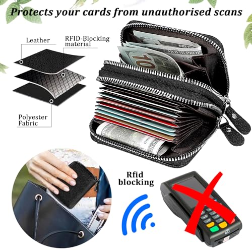 Credit Card Holder Wallet for Women, Leather RFID Blocking Credit Card Holder Wallet with 12 Card Slots Cash Zipper Coin pouch with ID Window Minimalist Purse3