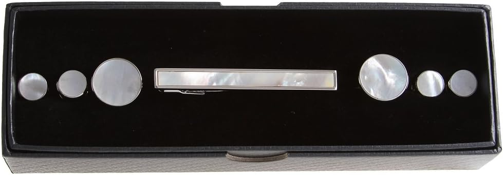 MRCUFF Mother of Pearl Cufflinks & Tie Clip Bar & Studs Tuxedo Set in Presentation Gift Box & Polishing Cloth